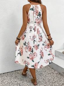 SHEIN Frenchy Của phụ nữ In hoa Xếp li Halter Neck Đầm - Nhiều màu - Xem 2