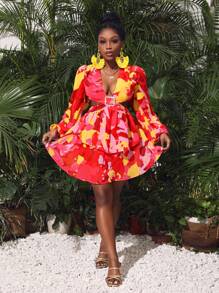 Slaydiva Flower Print Hollow Out Dress - Multicolor - View 6