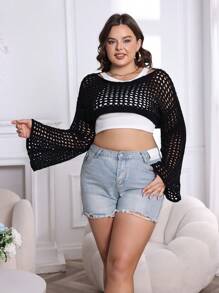 Flirla Hơn Đan Mở Thả vai Áo len Crop Không có áo Top Tube - màu đen - Xem 3