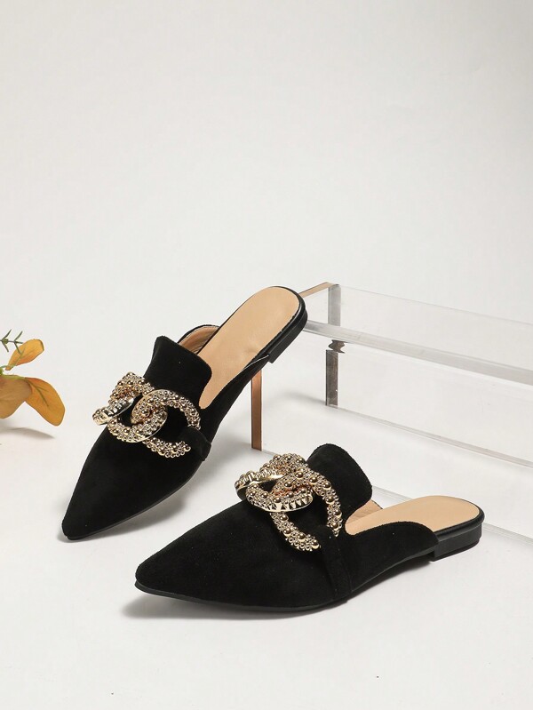 Women's Elegant Spring/Summer Flat Pointed Black Suede Mule Sandals With Large Metal Buckle