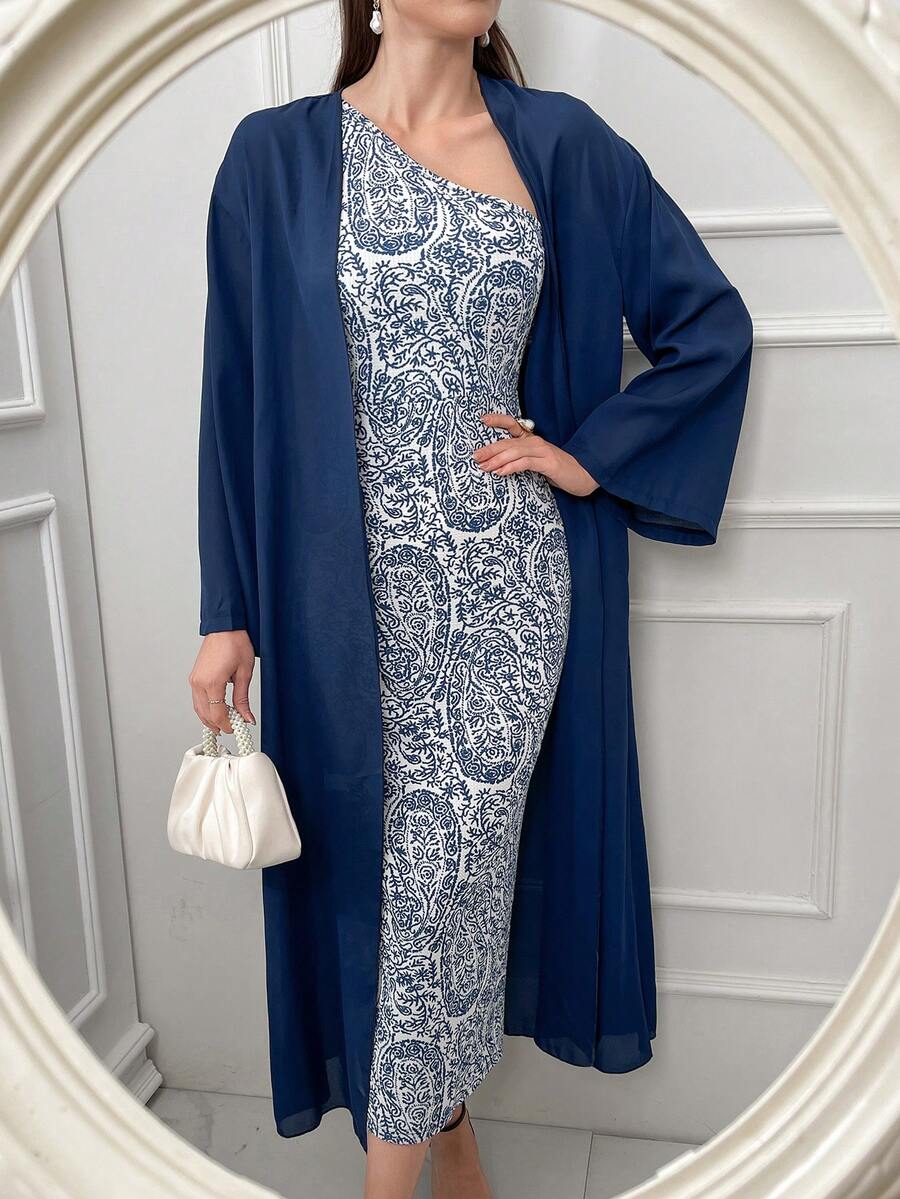 Modelyn 女士纯色长袖外套和植物印花单肩无袖连衣裙两件套 - 藍色 - 查看 1