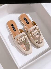 秋冬女士渔夫穆勒鞋，网眼与透明网纱设计相结合，平跟，方头情人节款