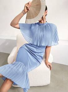 Modelyn Women's Solid Color Pleated Patchwork Mermaid Dress - Dusty Blue - View 1