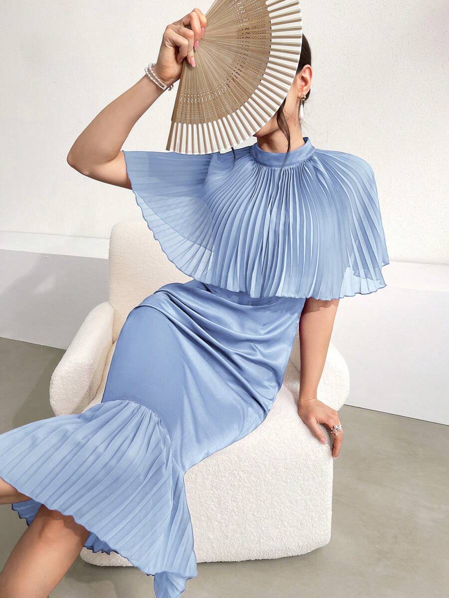 Modelyn Women's Solid Color Pleated Patchwork Mermaid Dress - Dusty Blue - View 1