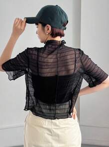 FRIFUL 女士立領透視襯衫 - 黑色 - 查看 5