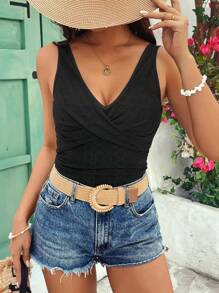 SHEIN Frenchy 夏季女士實色交叉前背心連身衣 - 黑色 - 查看 5