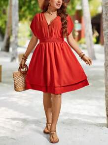 Calvaya 大尺碼純色蝙蝠袖縮腰連身裙 - 紅色 - 查看 5