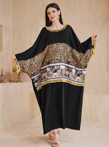 Al Najma Loose Kaftan Dress With Patchwork Floral Print And Tassel Trim - Black - View 6