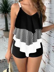 SHEIN Swim Summer Beach Women's Striped Colorblock Tankini Swimwear - Black and White - View 4
