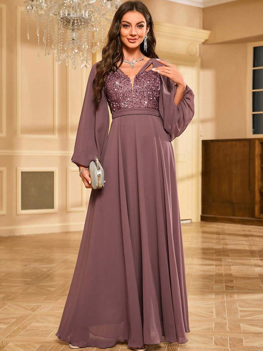Women's Glitter Patchwork Lantern Sleeve Elegant Party Dress Wedding Guest Dress Formal Dress Evening Dress,Gown - 藕粉色 - 查看 1