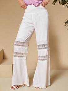 SHEIN Tall Ladies' Lace Spliced Flare Pants - White - View 1