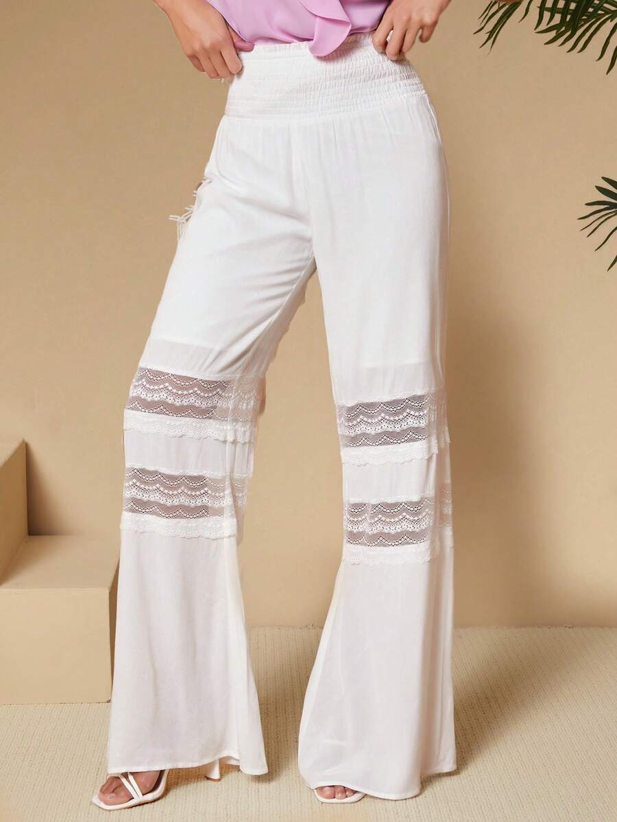 SHEIN Tall Ladies' Lace Spliced Flare Pants - White - View 1
