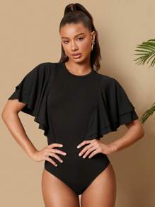 SHEIN Tall Solid Color Ruffle Sleeve Slim Fit Bodysuit