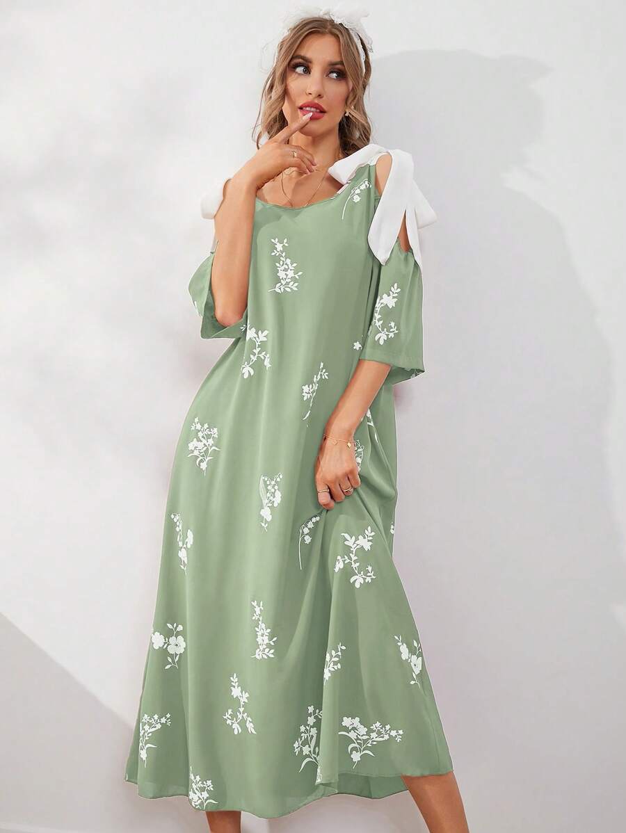 SHEIN Unity Floral Printed Open Shoulder Loose Nightgown Long Dress - Lime Green - View 1