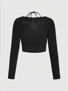 ROMWE Kawaii 復古性感二合一緊身長袖t恤女裝 - 黑色 - 查看 3