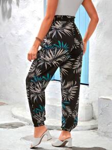 SHEIN 孕妇休闲树叶印花纸袋腰锥形裤 - 黑色 - 查看 2