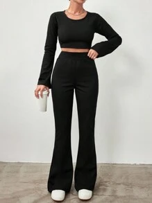 EURMUSE Round Neck Long Sleeve Cropped T-Shirt And Flared Pants Set - Black - View 1