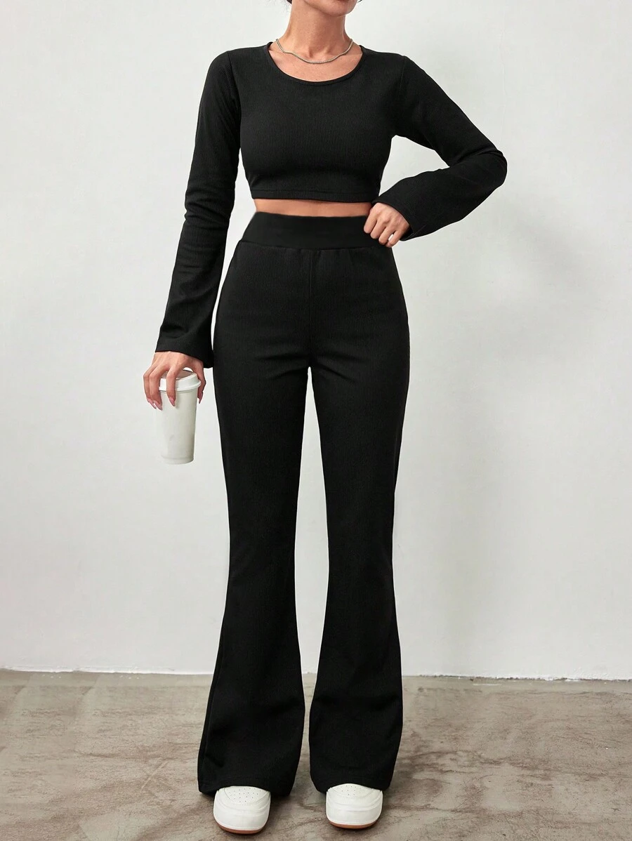 EURMUSE Round Neck Long Sleeve Cropped T-Shirt And Flared Pants Set - Black - View 1