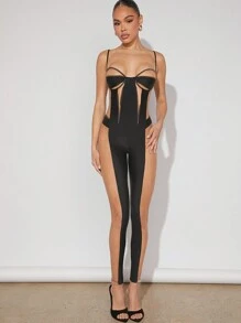 Hauture Women's Mesh Insert Bustier Strap Slim Fit Jumpsuit Unitard - Multicolor - View 5
