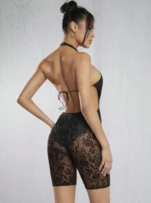 Hauture 女性花卉網眼綁帶後背無袖吊帶連體裤 - 黑色 - 查看 2