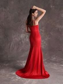 Anewsta Vestido De Tirantes Con Abertura Lateral Alta Decorado Con Brillo De Diamantes Para Mujer - Rojo - Ver 2