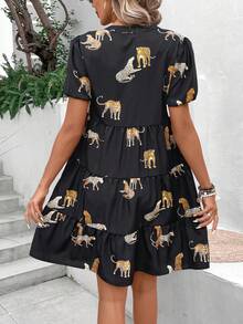 SHEIN Clasi Women's Leopard Print Puff Sleeve Dress - Black - View 2