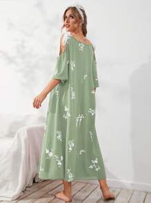 SHEIN Unity Floral Printed Open Shoulder Loose Nightgown Long Dress - Lime Green - View 2