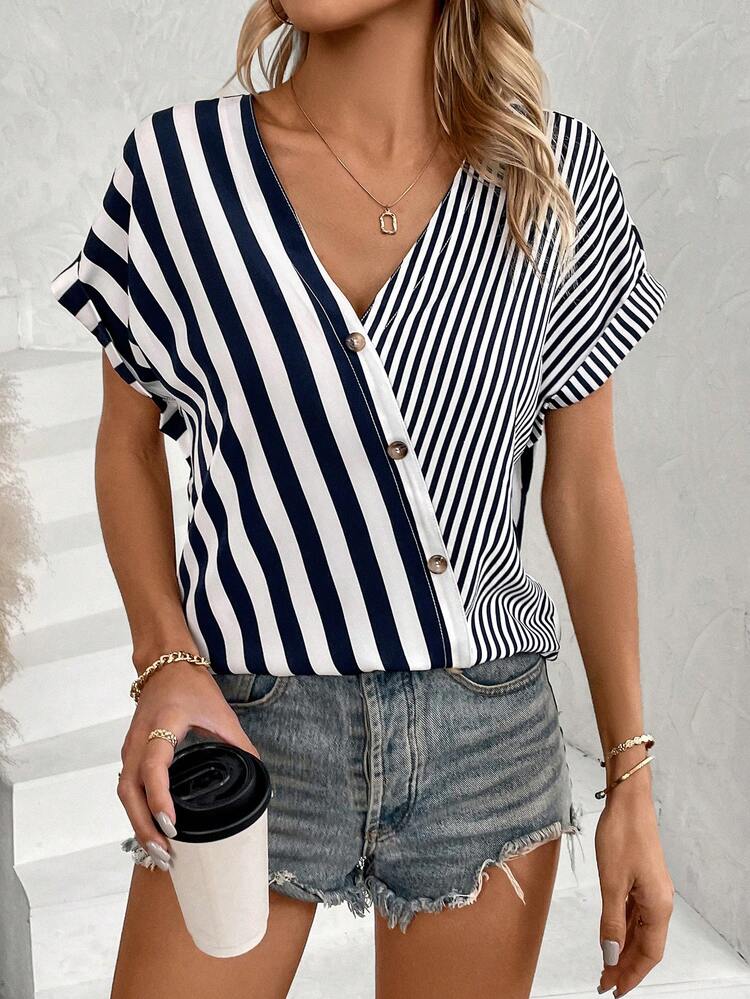 Women's Striped Color Block Raglan Batwing Sleeve Shirt With Diagonal Placket