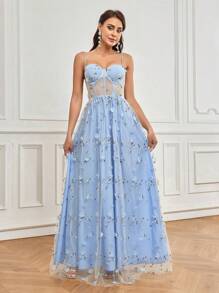 SHEIN Belle Ladies' Elegant Strapless 3d See Through Floral A-Line Ball Gown With Oversized Dress ForHolidayactivityEaster Music Festival Wedding Event Bijie PartyEvening Party Gown - Blue - View 6