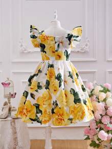 SHEIN 青少女優雅&可愛&華麗的花朵圖案方領短袖飄綵邊中長裙 - 黃色 - 查看 2