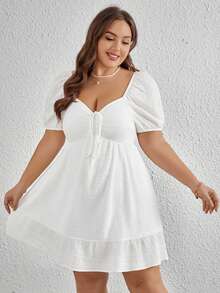 SHEIN Privé Plus Size White Elegant Dress With Rhinestone-Embroidered Neck, Elastic Waistline And Ruffle Trim - White - View 4