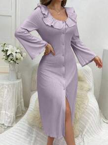 Ruffle Trimmed Button Front Sleep Dress Pajama Dress With Flared Sleeves - Purple - View 4
