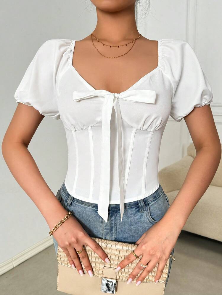 Ladies' Solid Color Sweetheart Collar Tie-Up Puff Sleeve Shirt