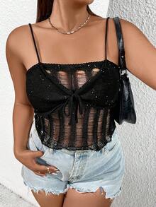 SHEIN Unity Plus Size Knitted Top With Hollow Out Details And Beaded Straps - Black - View 6