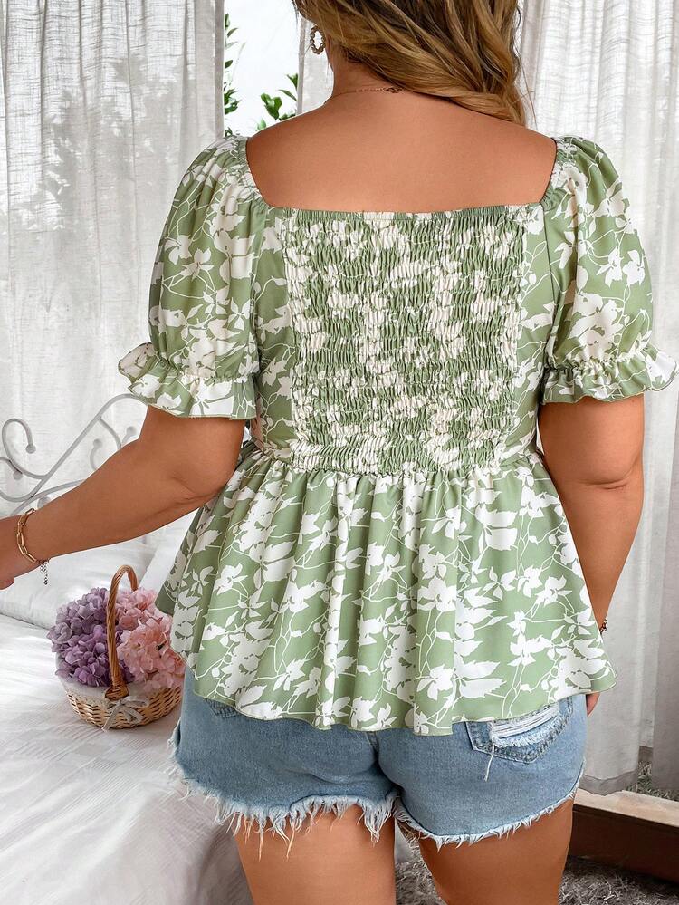 Plus Size Floral Print Puff Sleeve Waist Cinched Shirt
