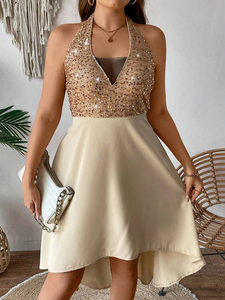Plus Size Women'S Sequin Mesh Splicing Halter Neck Dress