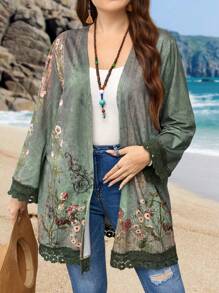 EMERY ROSE Chaqueta De Talla Grande Con Cordones, Estampado Floral Con Espalda Abierta