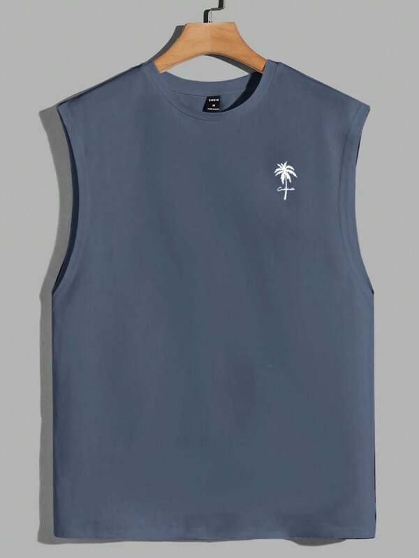 Manfinity VCAY Men's Slim Fit Knitted Tank Top With Palm Tree Print