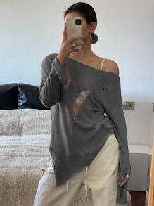 DAZY Màu thuần Xu hướng: Cắt giảm Vòng cổ Tay áo dài Áo len - Xám - Xem 3