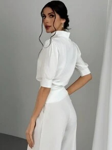 Firerie 女性白色t恤,腰部集褶和泡泡袖,出遊時優雅的穿搭 - 白色 - 查看 2
