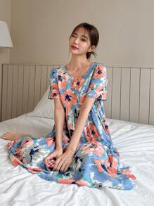 DAZY Đầm ngủ cổ tròn in hoa dành cho nữ - Màu xanh lam - Xem 6