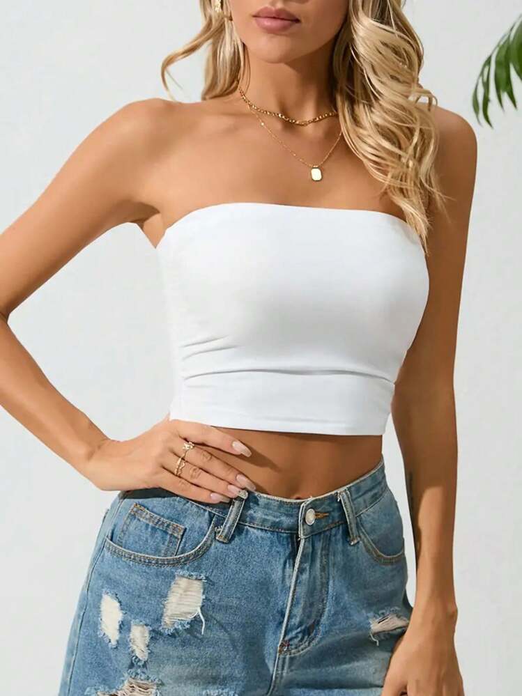 SHEIN Essnce 女士純色無肩帶上衣 - 軍綠色 - 查看 3