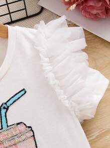 SHEIN 年轻女孩婚礼季闪亮饮料字母刺绣网眼撞色盖袖T恤 - 白色 - 查看 5