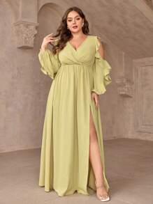 SHEIN Belle Kích thước lớn màu trơn Màu sắc Cổ chữ V Vai lạnh Đường viền cổ áo Mặt trước Tách Váy phù dâu - Màu vàng - Xem 1