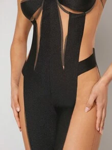 Hauture Women's Mesh Insert Bustier Strap Slim Fit Jumpsuit Unitard - Multicolor - View 8