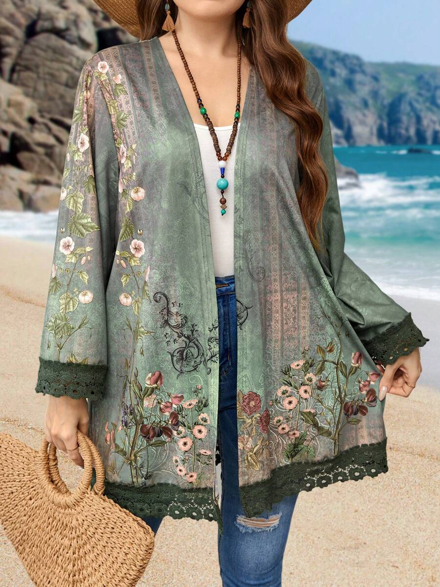 EMERY ROSE Plus Size Lace Floral Print Spliced Open Front Jacket Winter Fall Autumn - Green - View 1