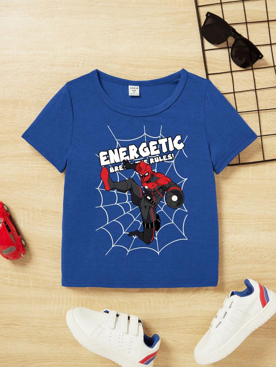 SHEIN 男童休閒簡約蜘蛛俠字母印花t恤,圓領設計,非常適合夏季穿著 - 寶藍色 - 查看 1