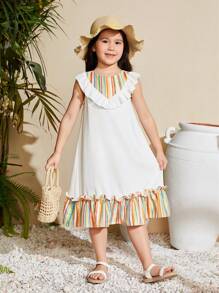 SHEIN Vestido Casual Solto De Férias Para Jovem Menina Com Gola Redonda Tecido Listrado Em Patchwork E Detalhes De Babado