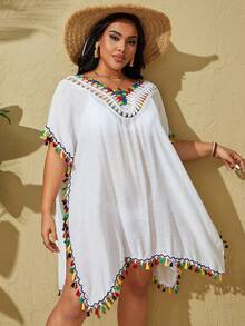 SHEIN VCAY 大尺碼女款拼布流蘇蝙蝠袖罩衫連身裙 - 白色 - 查看 4