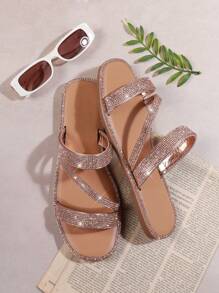 SHUZIA Dép xỏ ngón đế bằng hở ngón đính đá Rhinestone màu vàng hồng cho nữ – Lấp lánh, sang trọng và thoải mái Quà tặng thiết yếu cho ngày lễ tình nhân năm mới Giày mùa hè cho ngày lễ tình nhân - Hoa hồng vàng - Xem 2